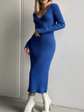 Yooulike Solid Color Slim Ribbed-Knit V-Neck Long Sleeve Daily Casual Chic Fashion Casual Bodycon Sweater Maxi Dress