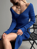 Yooulike Solid Color Slim Ribbed-Knit V-Neck Long Sleeve Daily Casual Chic Fashion Casual Bodycon Sweater Maxi Dress