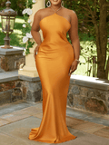 Yooulike Satin Side Slit Golden Chain Halter Neck Backless Sleeveless Mermaid Elegant Fashion Evening Party Bodycon Maxi Dress