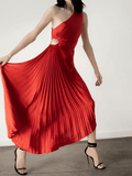 Yooulike Pleated Cut Out Oblique Shoulder Irregular Backless Sleeveless Chic Elegant Fashion Evening Party Cocktail Maxi Dress