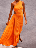 Yooulike Pleated Cut Out Oblique Shoulder Irregular Backless Sleeveless Chic Elegant Fashion Evening Party Cocktail Maxi Dress