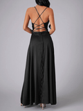 Yooulike Satin Side Slit Halter Neck Cowl Neck Backless Tie Back Spaghetti Straps Sleeveless Elegant Evening Wedding Party Maxi Dress