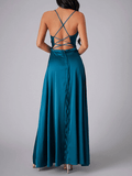 Yooulike Satin Side Slit Halter Neck Cowl Neck Backless Tie Back Spaghetti Straps Sleeveless Elegant Evening Wedding Party Maxi Dress