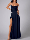 Yooulike Satin Side Slit Halter Neck Cowl Neck Backless Tie Back Spaghetti Straps Sleeveless Elegant Evening Wedding Party Maxi Dress