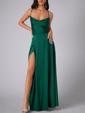 Yooulike Satin Side Slit Halter Neck Cowl Neck Backless Tie Back Spaghetti Straps Sleeveless Elegant Evening Wedding Party Maxi Dress