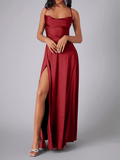 Yooulike Satin Side Slit Halter Neck Cowl Neck Backless Tie Back Spaghetti Straps Sleeveless Elegant Evening Wedding Party Maxi Dress