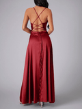 Yooulike Satin Side Slit Halter Neck Cowl Neck Backless Tie Back Spaghetti Straps Sleeveless Elegant Evening Wedding Party Maxi Dress