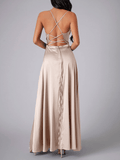 Yooulike Satin Side Slit Halter Neck Cowl Neck Backless Tie Back Spaghetti Straps Sleeveless Elegant Evening Wedding Party Maxi Dress