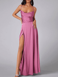 Yooulike Satin Side Slit Halter Neck Cowl Neck Backless Tie Back Spaghetti Straps Sleeveless Elegant Evening Wedding Party Maxi Dress