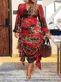 Yooulike Plus Size African Print Ruffle Side Draped Slit Ruched V-Neck Long Sleeve Elegant Fashion Retro Maxi Dress