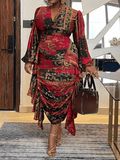 Yooulike Plus Size African Print Ruffle Side Draped Slit Ruched V-Neck Long Sleeve Elegant Fashion Retro Maxi Dress