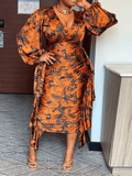 Yooulike Plus Size African Print Ruffle Side Draped Slit Ruched V-Neck Long Sleeve Elegant Fashion Retro Maxi Dress