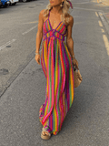 Yooulike Rainbow Stripe Big Swing V-Neck Backless Cami Fashion Casual Holiday Beach Maxi Dress