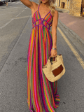 Yooulike Rainbow Stripe Big Swing V-Neck Backless Cami Fashion Casual Holiday Beach Maxi Dress