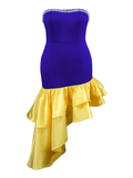 Yooulike Yellow Blue Contrast Asymmetrical Mermaid Beading Flouncy Tube Top Elegant Cocktail Birthday Formal Bodycon Maxi Dress Gowns