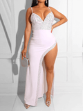 Yooulike Bodycon Rhinestones Shimmer High Split V-Neck Wrapped Chest Backless Spaghetti Straps Elegant Fashion Party Maxi Dress