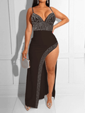 Yooulike Bodycon Rhinestones Shimmer High Split V-Neck Wrapped Chest Backless Spaghetti Straps Elegant Fashion Party Maxi Dress