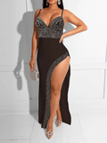 Yooulike Bodycon Rhinestones Shimmer High Split V-Neck Wrapped Chest Backless Spaghetti Straps Elegant Fashion Party Maxi Dress