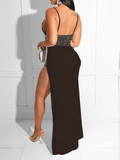 Yooulike Bodycon Rhinestones Shimmer High Split V-Neck Wrapped Chest Backless Spaghetti Straps Elegant Fashion Party Maxi Dress