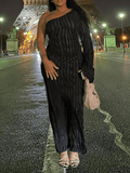 Yooulike Oblique Shoulder Ruffle Backless Long Sleeve Elegant Fashion Evening Party Bodycon Maxi Dress