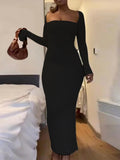 Yooulike Solid Color Bodycon Bridesmaid Dress Slim Slit Square Neck Bandeau Slit Sleeve Long Sleeve Fashion Long Maxi Dress Outfit