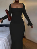 Yooulike Solid Color Bodycon Bridesmaid Dress Slim Slit Square Neck Bandeau Slit Sleeve Long Sleeve Fashion Long Maxi Dress Outfit
