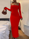 Yooulike Solid Color Bodycon Bridesmaid Dress Slim Slit Square Neck Bandeau Slit Sleeve Long Sleeve Fashion Long Maxi Dress Outfit