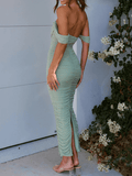 Yooulike Off Shoulder Ruched Mesh Draped Backless Sleeveless Elegant Fashion Evening Party Bodycon Maxi Dress