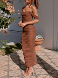 Yooulike Off Shoulder Ruched Mesh Draped Backless Sleeveless Elegant Fashion Evening Party Bodycon Maxi Dress