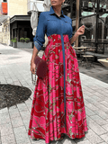 Yooulike Plus Size Denim Patchwork AfricaTribal Print Turndown Collar Single Breasted Pockets Elegant Fashion Casual Maxi Dress