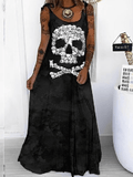 Yooulike Halloween Skull Printing U-Neck Backless Sleeveless Fashion Casual Maxi Dress