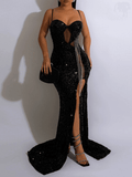 Yooulike Sequin Mesh Irregular Tassel Mermaid Side Slits Straps Sleeveless Elegant Cocktail Evening Party Prom Gown Bodycon Maxi Dress