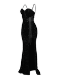 Yooulike Sequin Mesh Irregular Tassel Mermaid Side Slits Straps Sleeveless Elegant Cocktail Evening Party Prom Gown Bodycon Maxi Dress