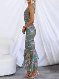 Yooulike Mermaid Fishtail Floral Ruched Bodycon Hollow Out V-Neck Sleeveless Elegant Evening Prom Party Maxi Dress