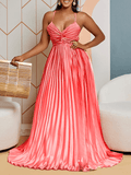 Yooulike Plus Size Gradient Color Coral Ombre Tie Back Pleated Hem V-Neck Backless Cami Elegant Fashion Evening Prom Party Maxi Dress