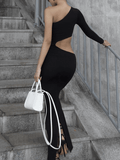 Yooulike One Shoulder Waist Cut Out Bodycon Solid Irregular Slit Backless Long Sleeve Elegant Fashion Cocktail Party Maxi Dress