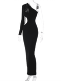 Yooulike One Shoulder Waist Cut Out Bodycon Solid Irregular Slit Backless Long Sleeve Elegant Fashion Cocktail Party Maxi Dress