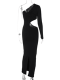 Yooulike One Shoulder Waist Cut Out Bodycon Solid Irregular Slit Backless Long Sleeve Elegant Fashion Cocktail Party Maxi Dress