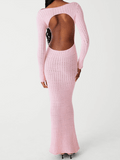 Yooulike Pink Mermaid Bodycon Crochet Tie Back Hollow Out Round Neck Backless Long Sleeve Elegant Fashion Maxi Sweater Dress