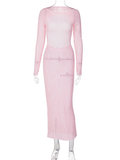 Yooulike Pink Mermaid Bodycon Crochet Tie Back Hollow Out Round Neck Backless Long Sleeve Elegant Fashion Maxi Sweater Dress