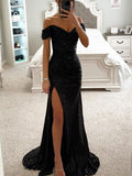 Yooulike Slim Sequin Side Slit Mermaid Trumpet Off Shoulder Sleeveless Elegant Fashion Evening Party Ceremony Maxi Dress