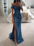 Yooulike Slim Sequin Side Slit Mermaid Trumpet Off Shoulder Sleeveless Elegant Fashion Evening Party Ceremony Maxi Dress