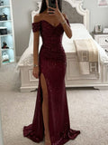 Yooulike Slim Sequin Side Slit Mermaid Trumpet Off Shoulder Sleeveless Elegant Fashion Evening Party Ceremony Maxi Dress