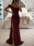 Yooulike Slim Sequin Side Slit Mermaid Trumpet Off Shoulder Sleeveless Elegant Fashion Evening Party Ceremony Maxi Dress