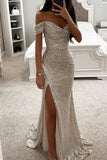 Yooulike Slim Sequin Side Slit Mermaid Trumpet Off Shoulder Sleeveless Elegant Fashion Evening Party Ceremony Maxi Dress