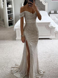 Yooulike Slim Sequin Side Slit Mermaid Trumpet Off Shoulder Sleeveless Elegant Fashion Evening Party Ceremony Maxi Dress