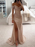 Yooulike Slim Sequin Side Slit Mermaid Trumpet Off Shoulder Sleeveless Elegant Fashion Evening Party Ceremony Maxi Dress