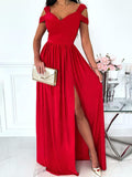 Yooulike V-Neck Pleated Side Slit Short Sleeve Elegant Fashion Evening Party Ceremony Solid Color Party Maxi Dress