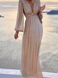 Yooulike Sequin V-Neck Long Sleeve Elegant Fashion Formal Evening Party Ceremony Maxi Dress