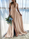 Yooulike Side Slit Draped Deep V-Neck Sleeveless Ruched Elegant Fashion Evening Party Prom Long Maxi Dress